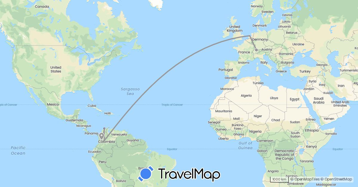 TravelMap itinerary: driving, plane, hiking in Switzerland, Colombia, Netherlands (Europe, South America)